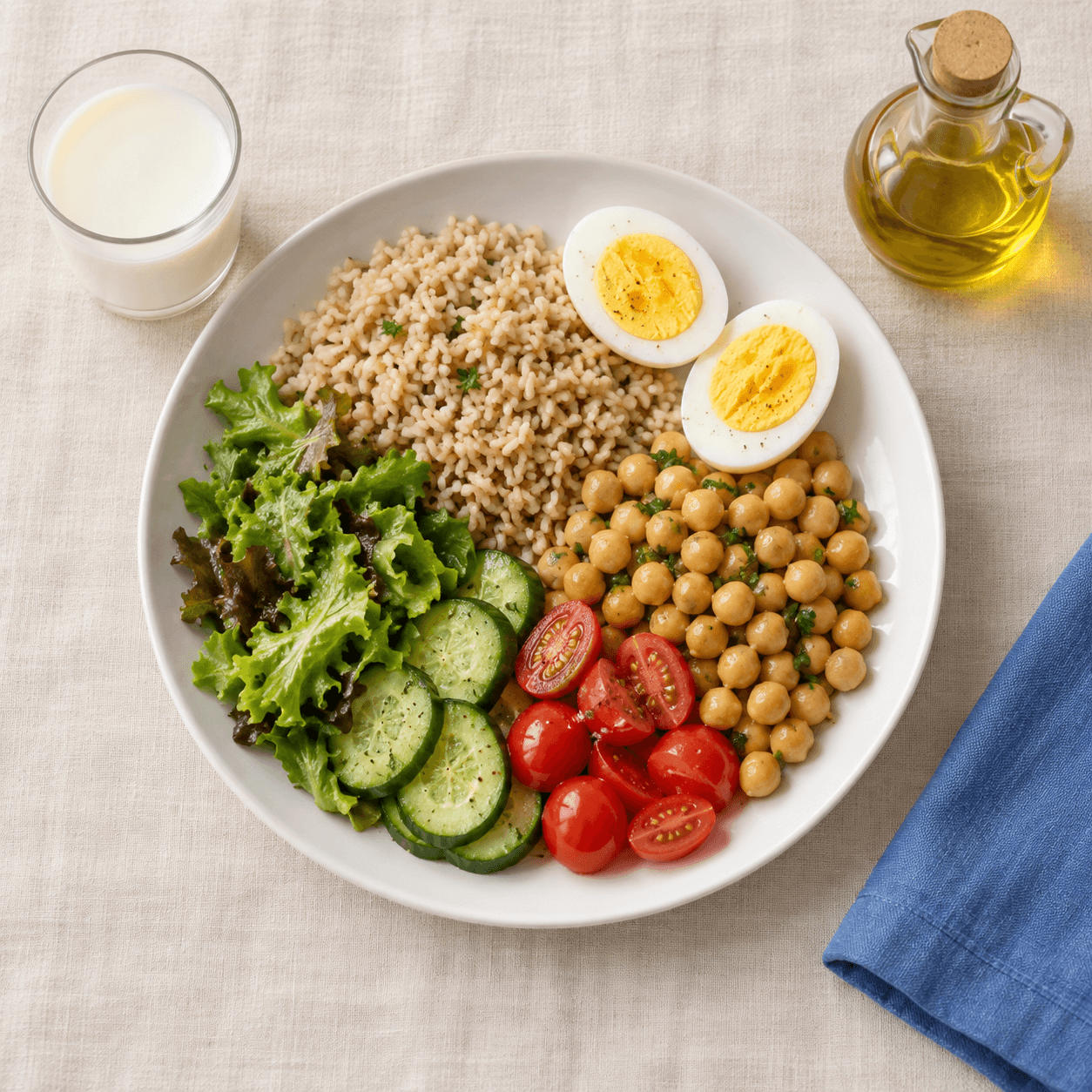 طبق أرز بني وبيض وحمص وخضراوات، بجواره حليب وزيت زيتون